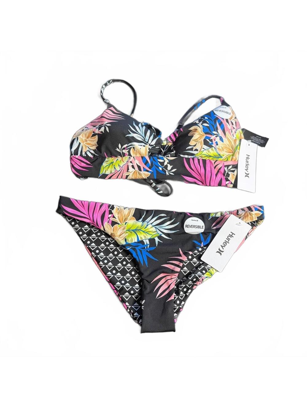 HURLEY reversible hipster lace up back bikini swim set size Large NWT